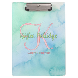 blue green watercolor editor writer name monogram clipboard