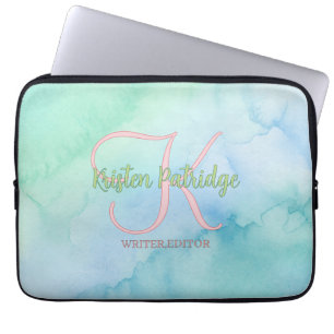 blue green watercolor editor writer name monogram laptop sleeve