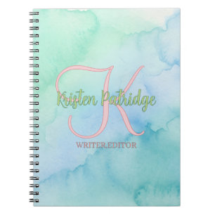 blue green watercolor editor writer name monogram notebook