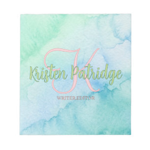 blue green watercolor editor writer name monogram notepad