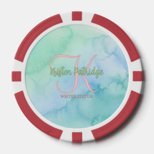 blue green watercolor editor writer name monogram  poker chips