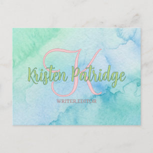 blue green watercolor editor writer name monogram postcard