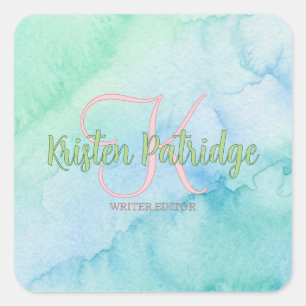 blue green watercolor editor writer name monogram square sticker