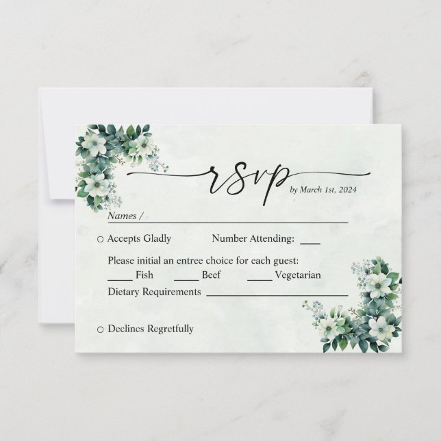 Blue Green watercolor flowers customisable RSVP (Front)