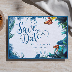 Blue Green Watercolor Foliage Butterfly Wedding Announcement Postcard