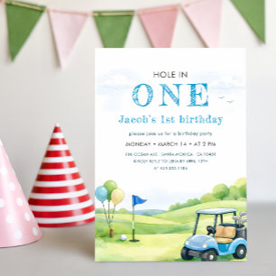 Blue Green Watercolor Golf Hole In One Birthday Invitation