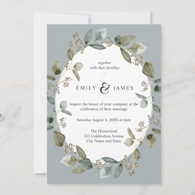Blue Green Watercolor Greeney Leaves Wedding Invitation (Front)