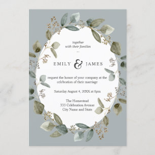 Blue Green Watercolor Greeney Leaves Wedding Invitation