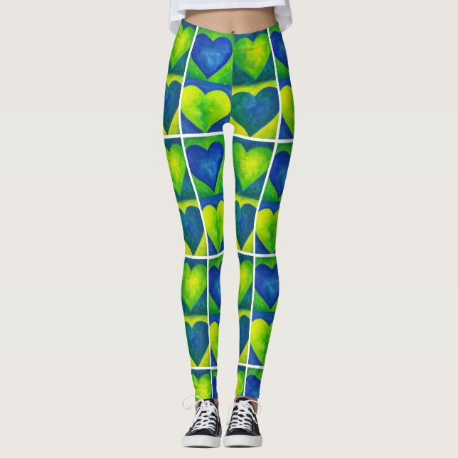 Blue Green Watercolor Hearts Art Love Heart Print Leggings (Front)