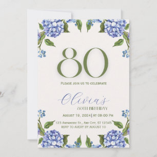 Blue Green Watercolor Hydrangea 80th Birthday Invi Invitation