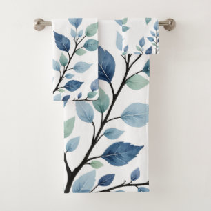 Blue Green Watercolor Leaves Botanical Bath Towel Set