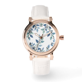 Blue Green Watercolor Leaves Botanical Design 376 Watch