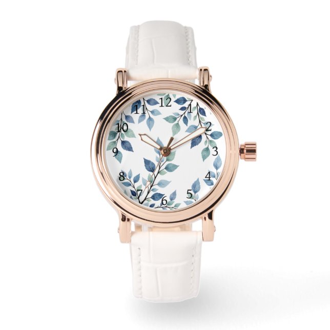 Blue Green Watercolor Leaves Botanical Design 376 Watch (Front)