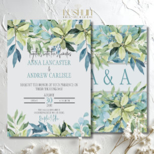 Blue Green Watercolor Leaves Wedding Invitation