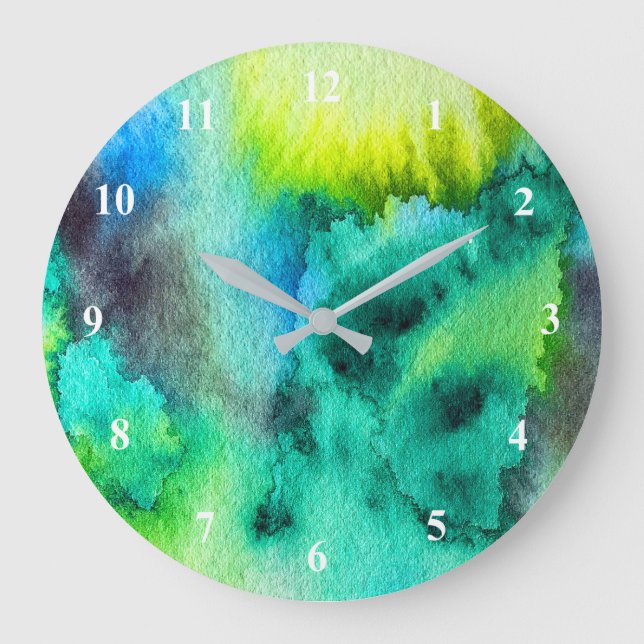 Blue Green watercolor marble abstract tie dye Large Clock (Front)