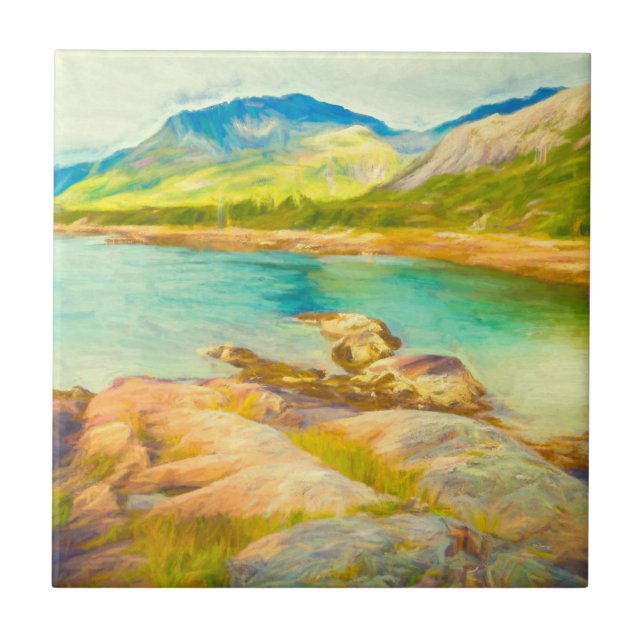 Blue Green Watercolor Mountain Lake Painting Tile (Front)