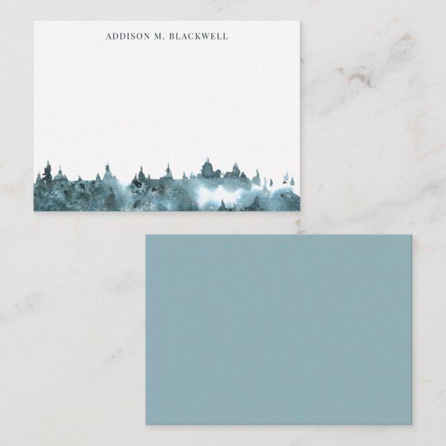 Blue Green Watercolor Mountain Note Card with Name (Front/Back)