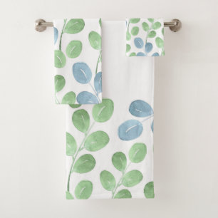 Blue Green Watercolor Round Leaf Pattern Bath Towel Set