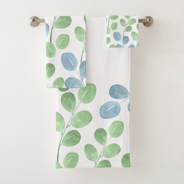 Blue Green Watercolor Round Leaf Pattern Bath Towel Set (Insitu)