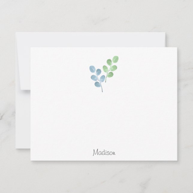 Blue Green Watercolor Round Leaf Stems Card (Front)