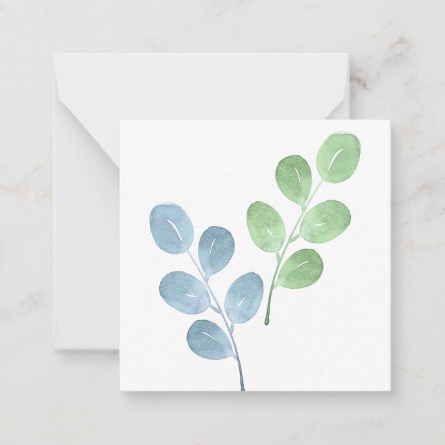 Blue Green Watercolor Round Leaf Stems  Card (Front)