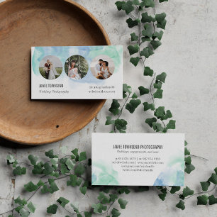 Blue Green Watercolor Round Photos Photographer Business Card