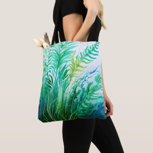 BLUE & GREEN WATERCOLOR SEABED WITH ALGAE TOTE BAG