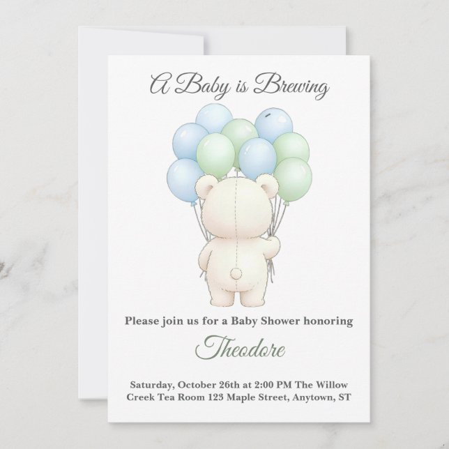 Blue & Green Watercolor Teddy Bear Baby Shower  (Front)