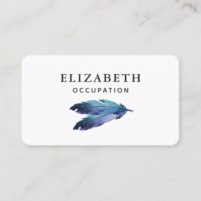 Blue Green Watercolor Two Feathers Minimal Business Card (Front)