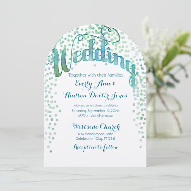 Blue Green Watercolor Typography Wedding Invitation (Standing Front)