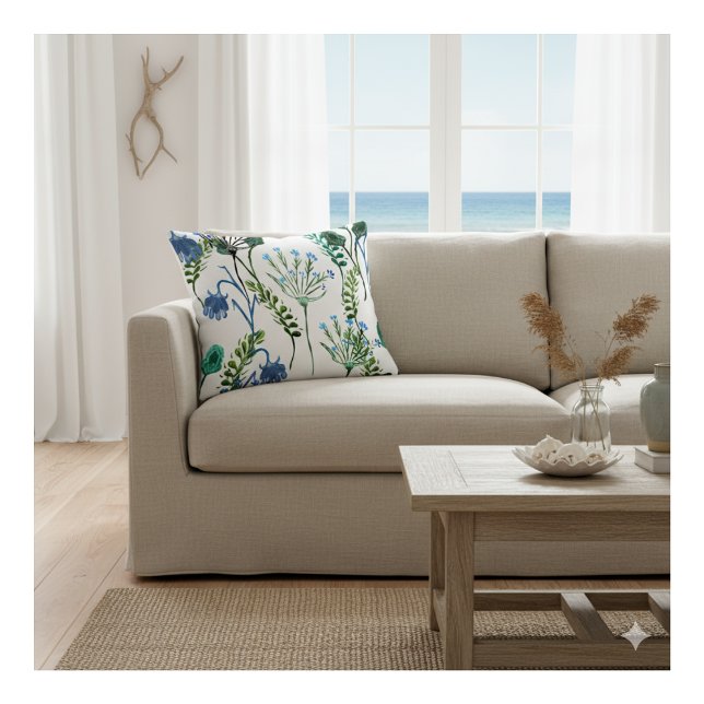 Blue Green Watercolor Wildflower  Cushion (Creator Uploaded)