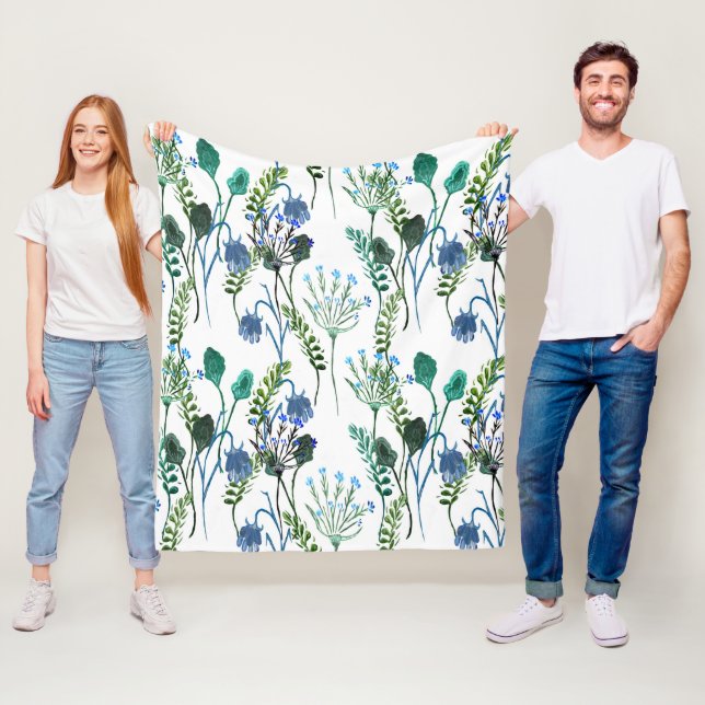 Blue Green Watercolor Wildflower  Fleece Blanket (In Situ)