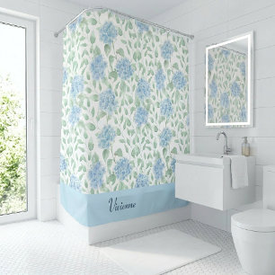 Blue Green Watercolor Wildflower Monogram Shower Curtain