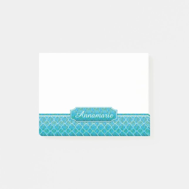 Blue Green Watercolors White Quatrefoil Monogram Post-it Notes (Front)