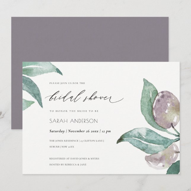 BLUE GREEN WATERCOLOUR FOLIAGE OLIVE BRIDAL SHOWER INVITATION (Front/Back)