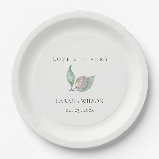 BLUE GREEN WATERCOLOUR FOLIAGE OLIVE MONOGRAM PAPER PLATE (Front)