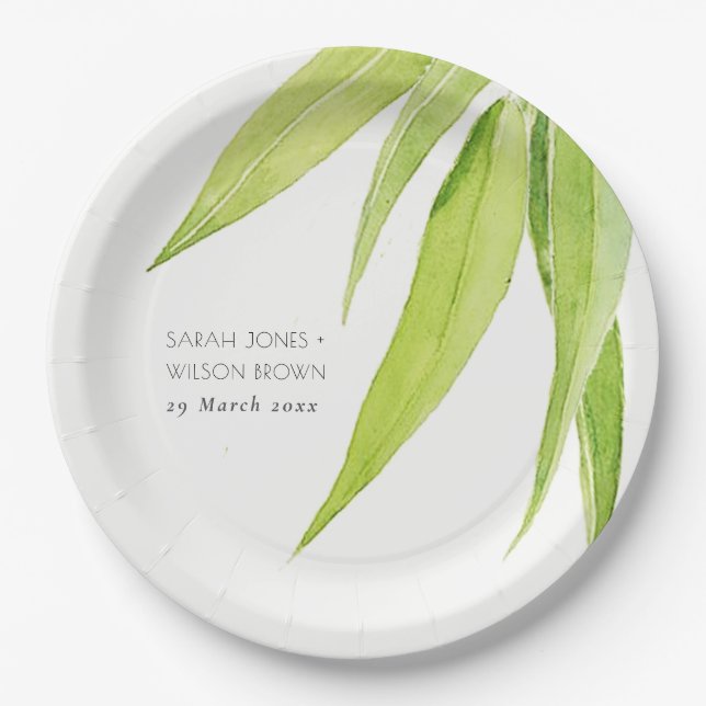 BLUE GREEN WATERCOLOUR FOLIAGE OLIVE MONOGRAM PAPER PLATE (Front)