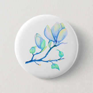 Blue Green Watercolour Magnolia Branch Botanical 6 Cm Round Badge