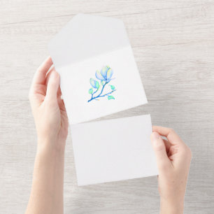 Blue Green Watercolour Magnolia Branch Botanical All In One Invitation