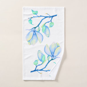 Blue Green Watercolour Magnolia Branch Botanical Bath Towel Set