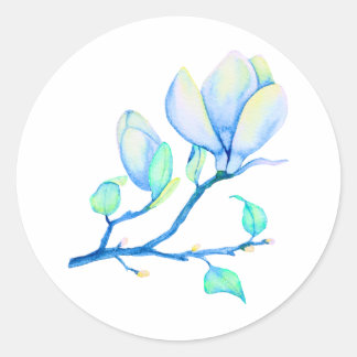 Blue Green Watercolour Magnolia Branch Botanical Classic Round Sticker