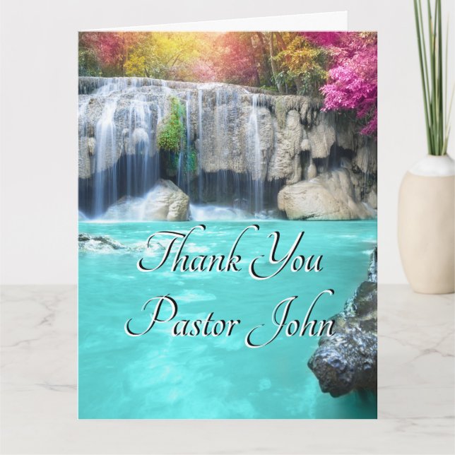 Blue Green Waterfall Sunrise Pastor Appreciation  Thank You Card (Front)