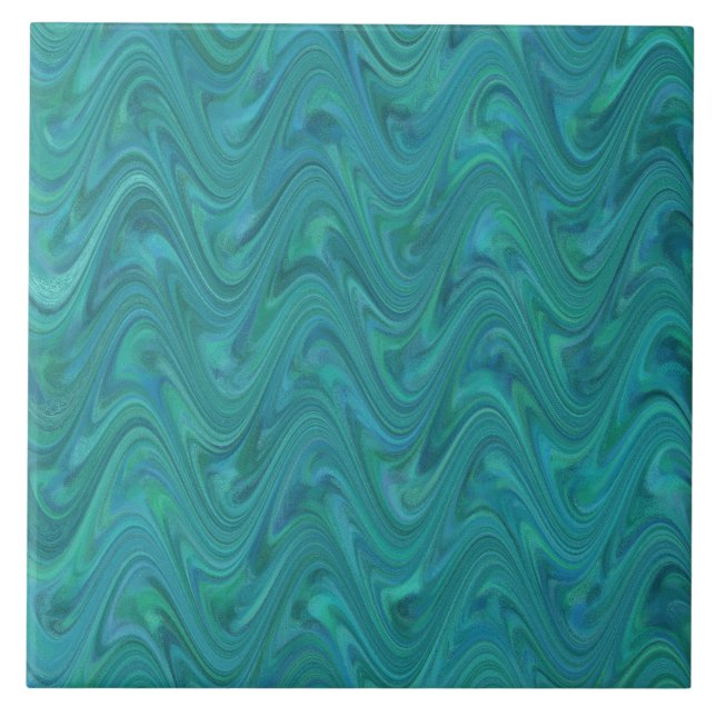 Blue Green Wavy Abstract Pattern Tile (Front)