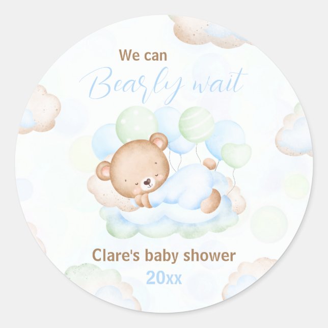 Blue Green We Can Bearly Wait Bear Baby Shower Classic Round Sticker (Front)