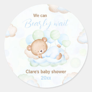 Blue Green We Can Bearly Wait Bear Baby Shower Classic Round Sticker