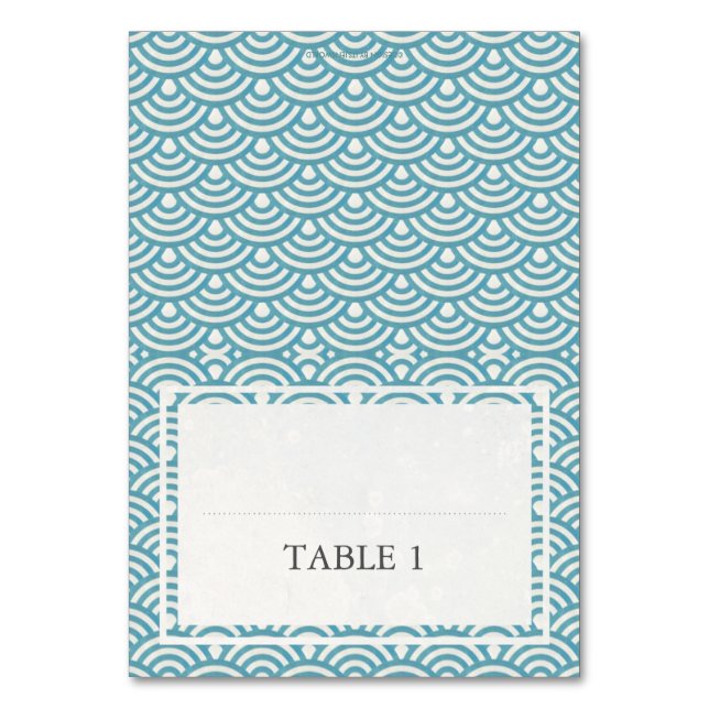 Blue Green Wedding Wave Pattern Place Name Card (Front)
