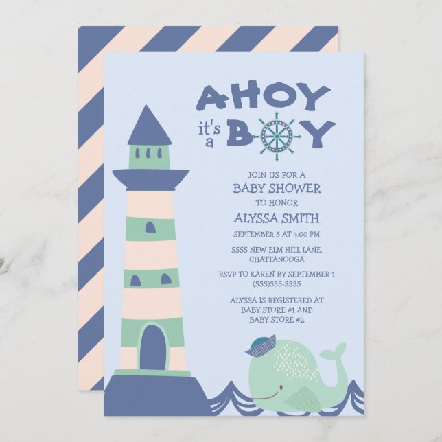 Blue Green Whale Lighthouse Ahoy Boy Baby Shower Invitation (Front/Back)