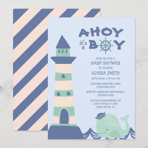 Blue Green Whale Lighthouse Ahoy Boy Baby Shower Invitation