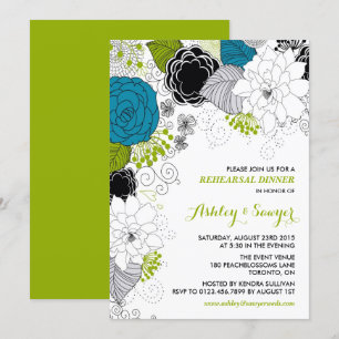 Blue & Green Whimsical Florals Rehearsal Dinner Invitation