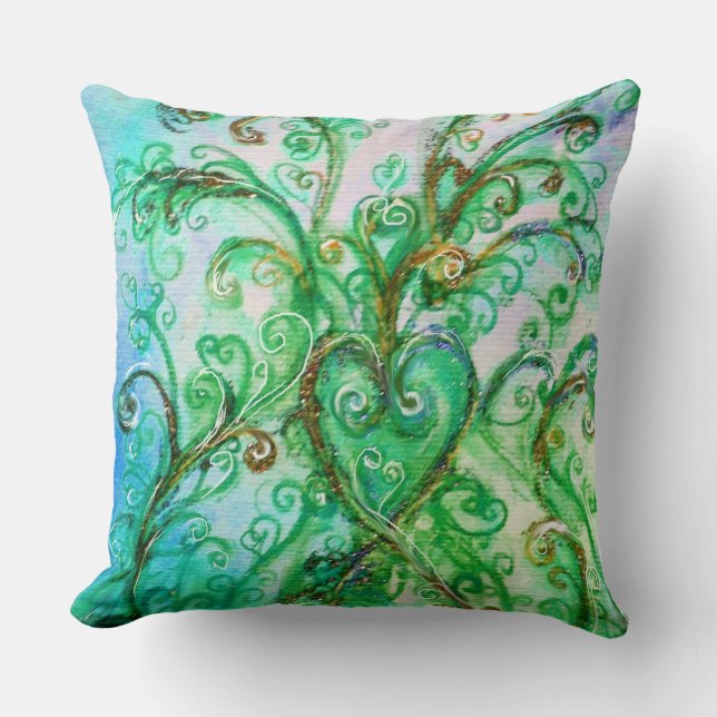 BLUE GREEN WHIMSICAL FLOURISHES WITH HEART CUSHION (Front)
